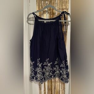 New York & Company Navy Tank Top with White Floral Embroidery